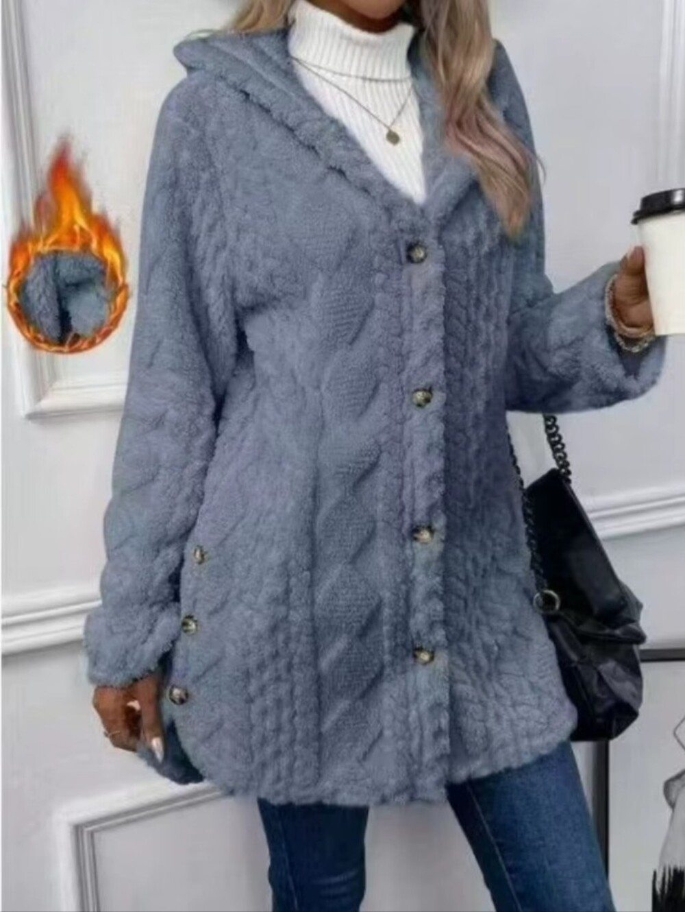 Women's Winter Fleece Cable Knit Hooded Cardigan Coat Long Sleeve